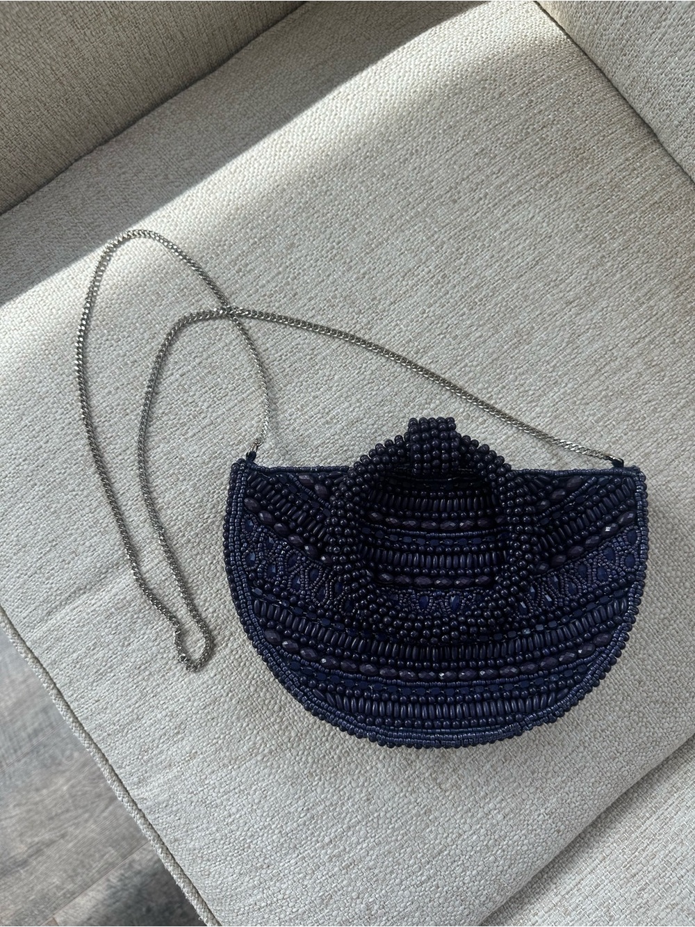Hand-Beaded Navy Half-Moon Crossbody Bag